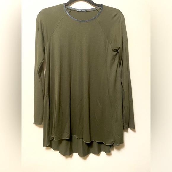 Zara womens M long sleeve Tunic Top faux leather trim on neck Army Green - Picture 1 of 6